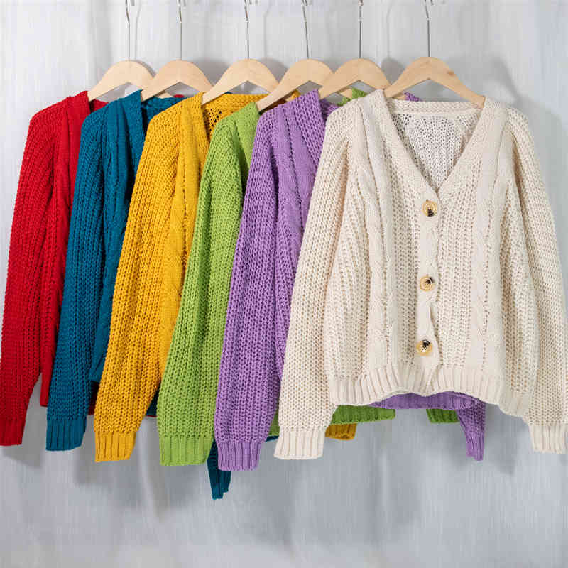 OL Elegant Vintage Solid V-neck Basic Knitted Sweater Female Tops Autumn Winter Loose Warm Cardigan Women Sweaters 210421
