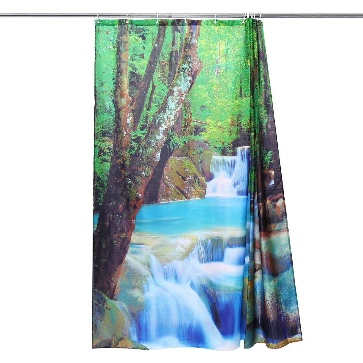 3D Waterfall Scenery Waterproof Shower Curtain Bathroom Landscape Trees Flower Bath Mat Set Pedestal Rug Lid Toilet Cover 210402