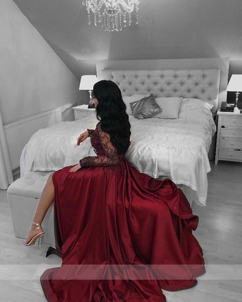 Dark Red Plus Size Evening Dress vestidos de fiesta Illusion Long Sleeve Beading Lace Leg Slit Prom Party Gowns Formal Dresses