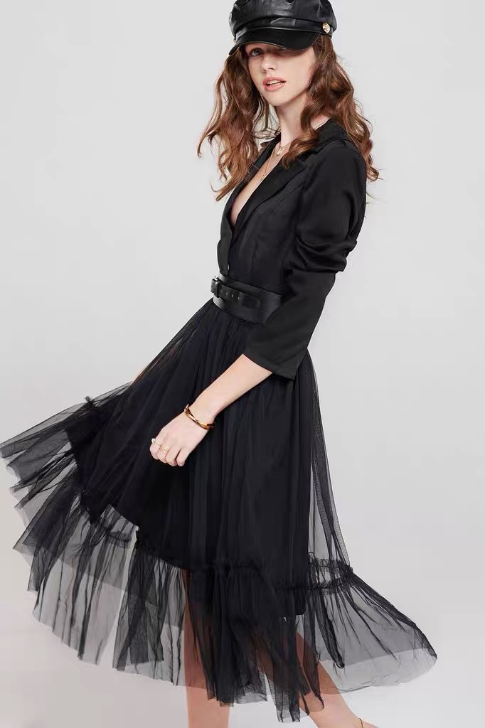 Autumn Women Midi Blazer Dress Runway Black Patchwork Mesh Noeched Collar Elegant Long Sleeve Slim Belt navid 210421