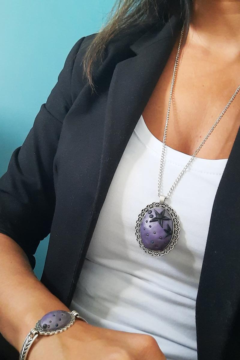 Earrings & Necklace Women's Fashion Jewelry Purple Based Black Flower Special Design Polymer Clay Bangle Sets, Silver
Earrings & Necklace Women's Fashion Jewelry Purple Based Black Flower Special Design Polymer Clay Bangle Sets, Silver