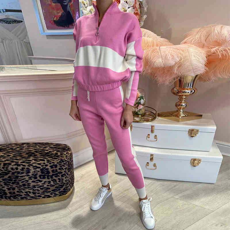 Two Piece Set Women Stitching Printed Casual Set Women Long Sleeve Zipper Tops Elastic Waist Soft Home Suit Women Clothing 210515