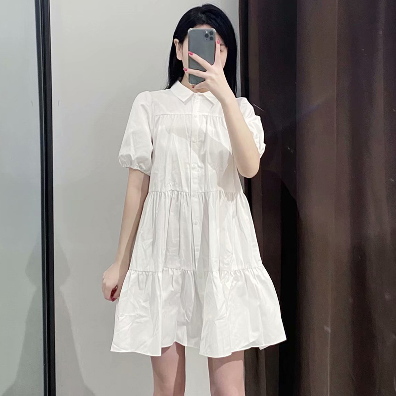 Casual White Mini Dress Women Lantern Short Sleeve Female Fashion Pleated Turn Down Collar Plus Size Ladies es Robe 210515