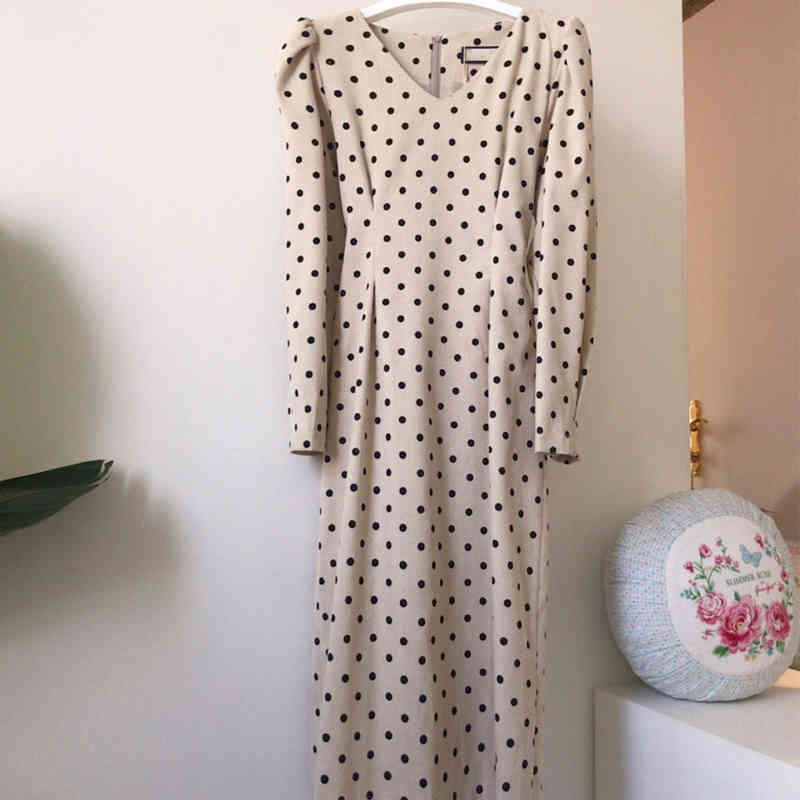 French Style Spring Autumn Women Polka Dot Print Casual Fashion Corduroy Dresses Eleagnt Laceup Slim Party Dress 12091 210417