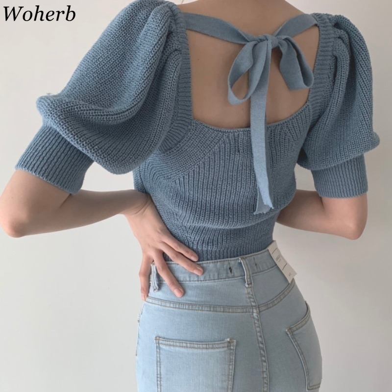 Women Square Collar Knitted Short Sweaters Sexy Backless Bow Bandage Crop Thin Summer Outwear for Female Fashion Top 210519