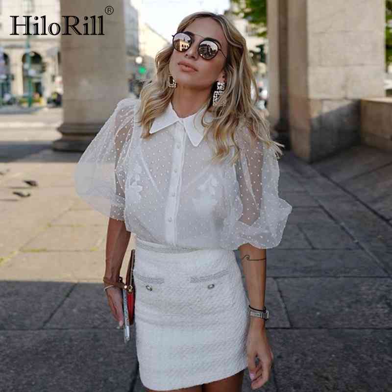 Dots Embroidery Women Organza Blouse Lantren Sleeve Black See Through Chic Top Casual Turn Down Collar Shirt Blusa 210508