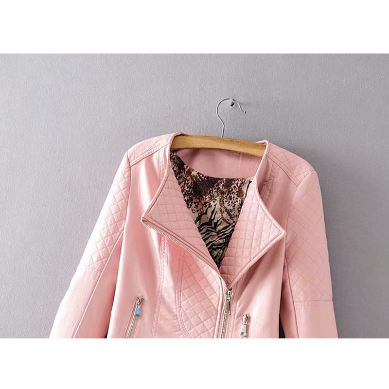 Dia Shape Slim PU Leather Motorcycle Jacket For Women - Trendy Pink, Black, And Wine Red