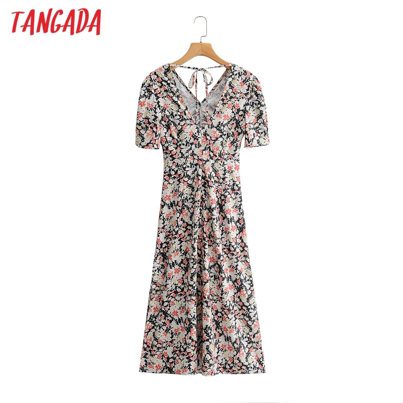 Summer Women Flowers Print Midi V Neck Puff Short Sleeve Office Ladies Dress Vestidos 1F50 210416