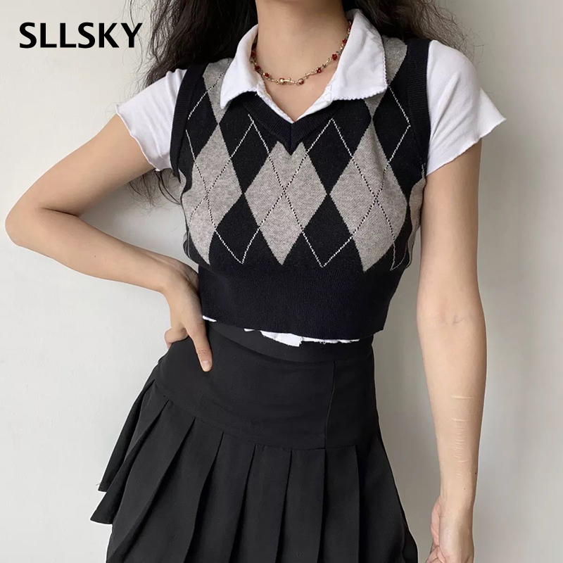 SLLSKY Vintage Argyle Plaid Sweater Vest Women V-Neck Female Sleeveless Tank Jumper Ladies Short Spring Knitting Pullovers Tops, Gray plaid
SLLSKY Vintage Argyle Plaid Sweater Vest Women V-Neck Female Sleeveless Tank Jumper Ladies Short Spring Knitting Pullovers Tops, Gray plaid