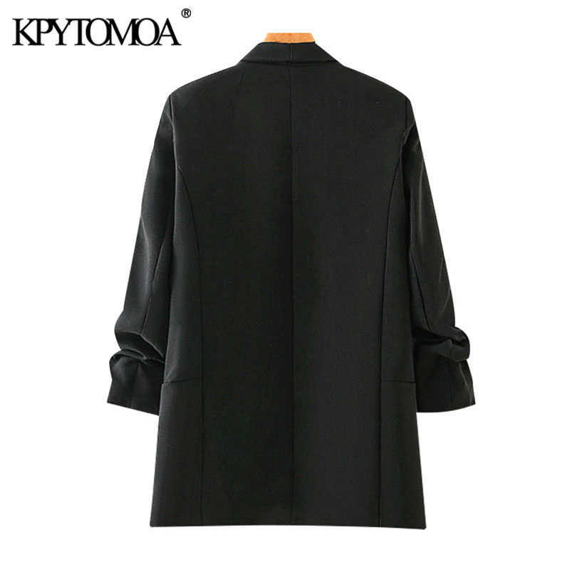 KPYTOMOA Women Fashion Office Wear Basic Black Blazer Coat Vintage Pleated Sleeve Pockets Female Outerwear Chic Tops 210930