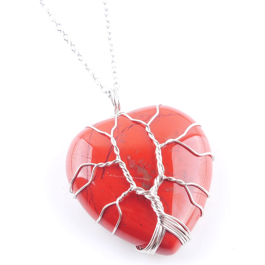 WOJIAER Silver Color Tree of Life Wire Wrap Pendant Necklace Natural Aventurine Amethyst Gem Stone Heart Bead Jewelry DN362