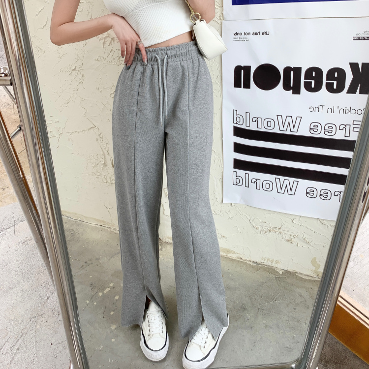 Pants & Capris Women's Clothing Black Elastic Waist Casual Drawstring Sweatpants Split Loose Straight White Grey Wide Leg Pant 210429