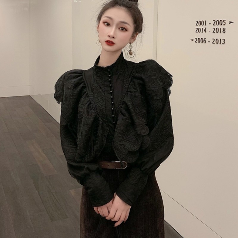 Spring Ruffles Lace Blouse Women's Stand Collar Lantern Sleeve Elegant Vintage Fashion Office OL Shirt 210519