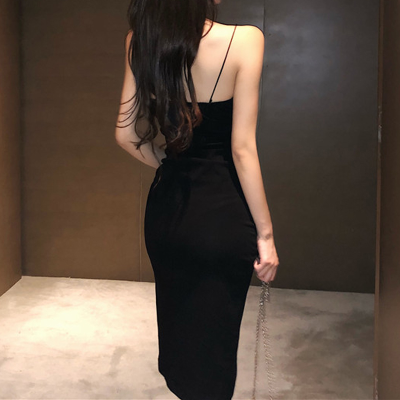 Summer Vintage Sexy Solid Black Slit Strap Dress Women High Waist Knee Length Sleeveless Slim Casual Dresses Lady D12701X 210416