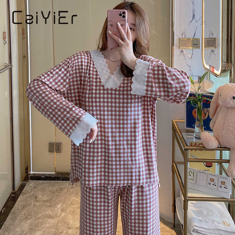 CAIYIER Women Grid Pajamas Set Princess Sweet Fashion Cute Sleepwear Sexy Lace Long Sleeve Pant V-Neck Loose Homewear 2Piece/Set 210924