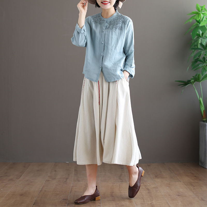 Autumn Arts Style Women Long Sleeve O-neck Loose Shirts Vintage Embroidery Cotton Linen Blouses Tops Femme Blusas Plus Size D418 210512