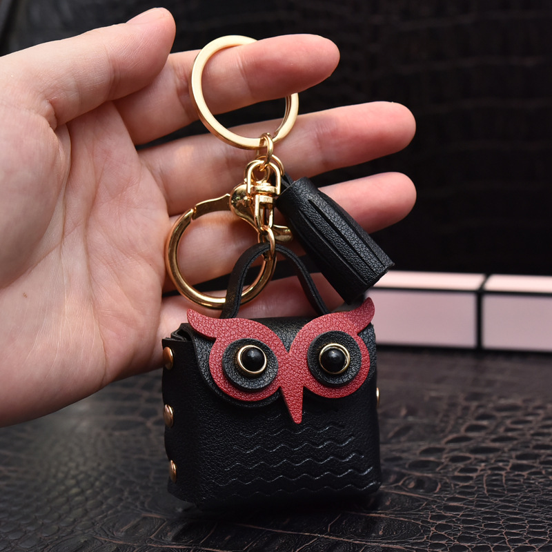 Cute Mini Ladies Leather Bag Keychain Owl Coin Purse Earphone Bag Car Key Charm Luggage Pendant Gift for Girlfriend Keyfob