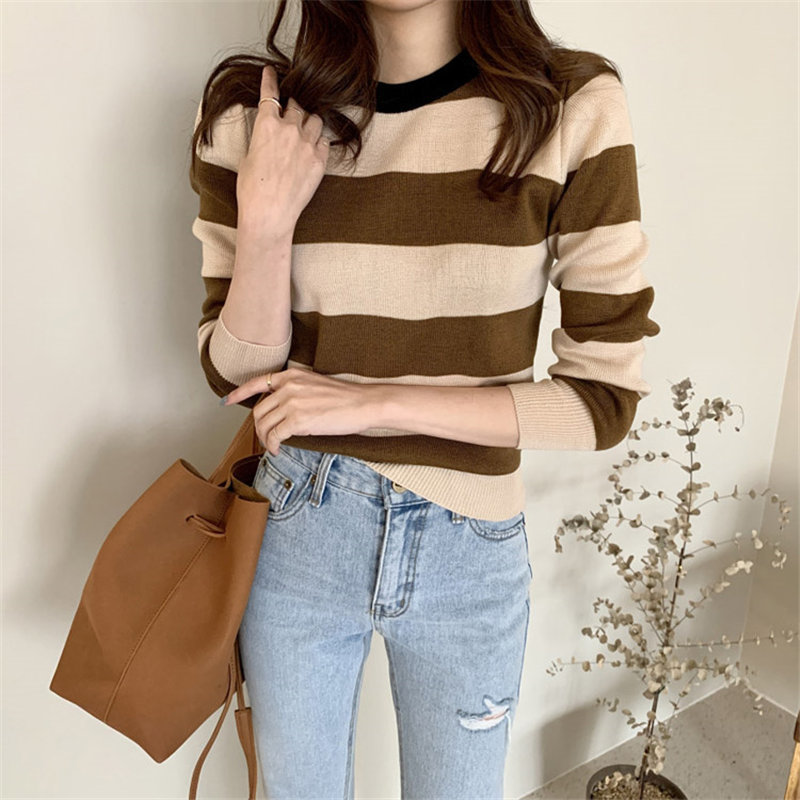 Striped Color-Hit Jumpers Office Lady Slimming Soft Warm Full-Sleeved All Match Knitted Brief Chic Basic Sweaters 210421