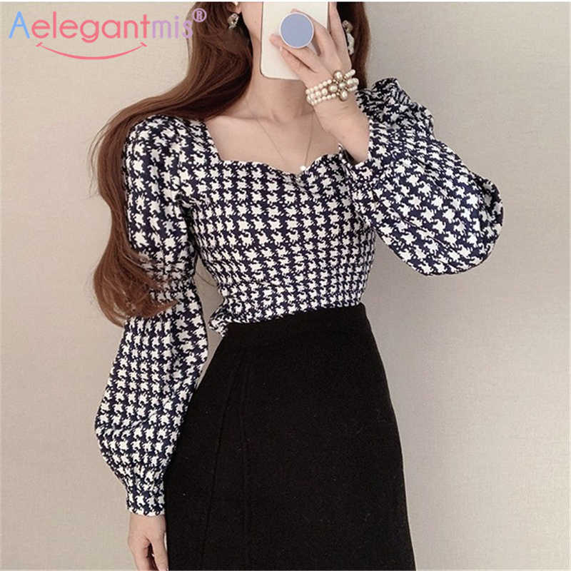 Aelegantmis Korean Fashion Sexy Cute Vintage Houndstooth Square Collar Blouse Lace Up Elegant Slim Female Prinr kawaii 210607, As shown
Aelegantmis Korean Fashion Sexy Cute Vintage Houndstooth Square Collar Blouse Lace Up Elegant Slim Female Prinr kawaii 210607, As shown