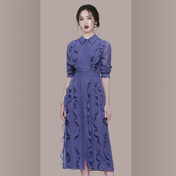 Autumn Elegant Chiffon Dress Women Long Sleeve Single-Breasted Layers Ruffles Shirt Female Party Robe 210519