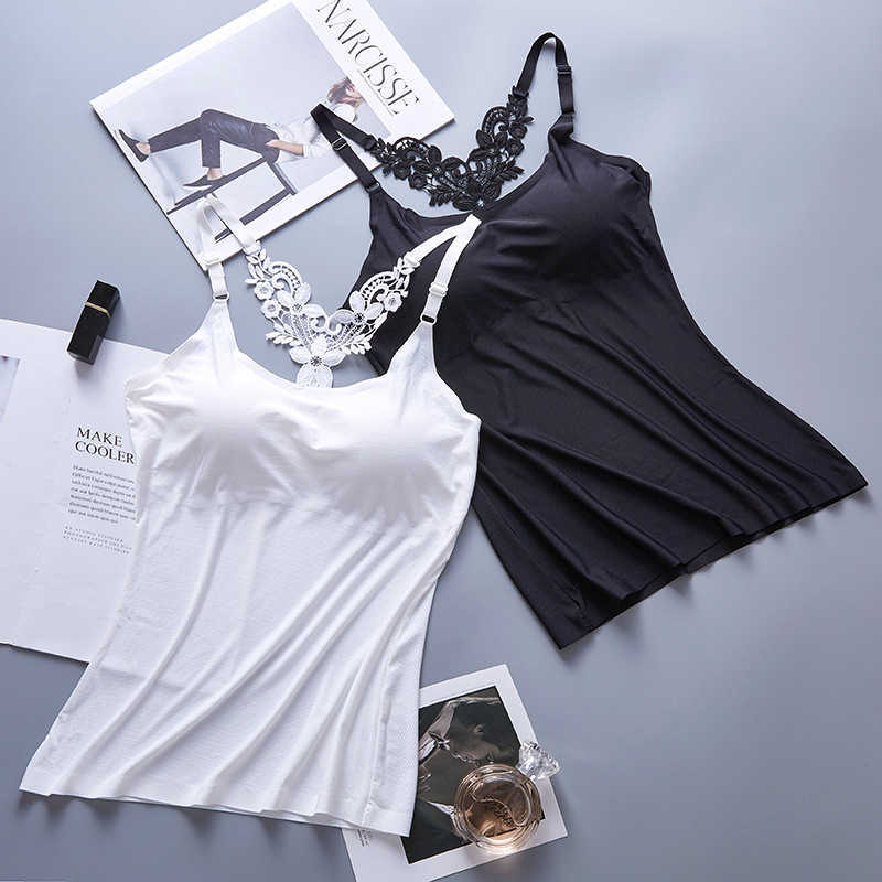 Camis Summer Sexy embroidered Backless Women Tank Tops Sexy Slim Lady Built In Bra Self Mold Bra Tops Strap Camisole TX060 210625
