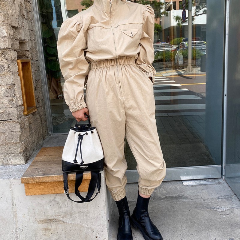 Arrivals Korean Spring Elegant Vintage Casual Stand Collar Long Sleeve Jumpsuits Women High Waist Rompers 210519