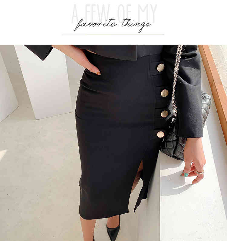 Korean Spring Women 2 Piece Set Office OL Elegant Notched Long Sleeve Crop Top+High waist Bodycon Sexy Split Midi Skirt Outfits 210519