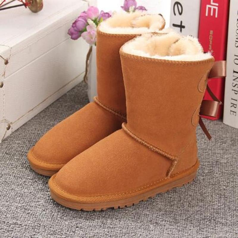 Boots 2022 Fashion Genuine Cow Leather Winter Snow Women Female Shoe Ankle Boot With Bow For Knee High