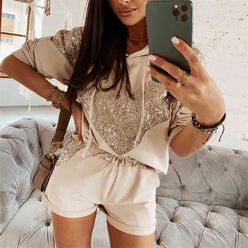 Two piece set women outfits Autumn Winter Sequin Stitching Fashion Casual Shorts Hooded Long-Sleeve Sweater Set sweatsuit 210508