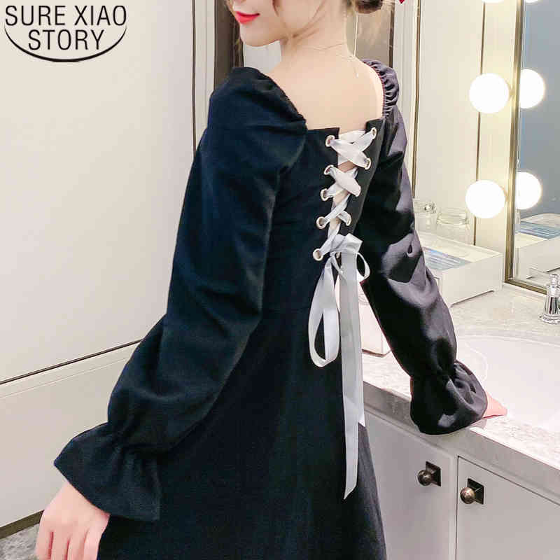 Sexy Dres Women Autumn Korean High Waist Kneelength Back Tie with Openback Square Collar Flare Long Sleeve Dresses 12160 210417