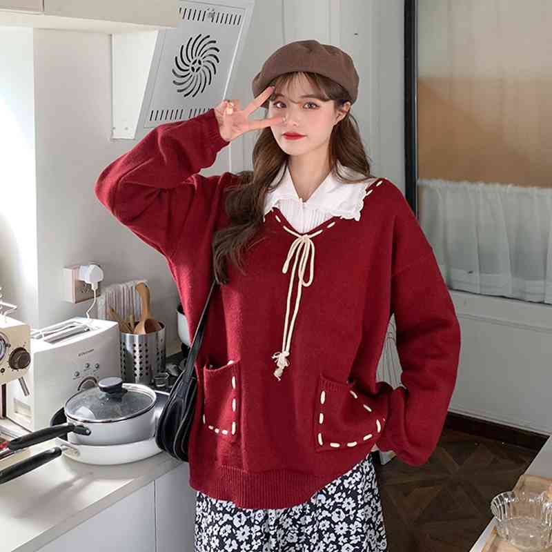 WERUERUYU Japanesedoll collar sweater women' pullover lazy style Korean autumn and winter cute jacket 210608, Burgundy sweater
WERUERUYU Japanesedoll collar sweater women' pullover lazy style Korean autumn and winter cute jacket 210608, Burgundy sweater