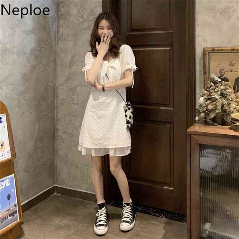 Neploe White Dresses for Women New Vintage Vestidos Female Korean Chic Robe Square Lace Up Bow Short Elegant Dress 95458 210422