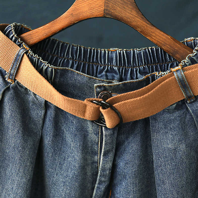 Johnature Women Denim Pants Blue Pockets Vintage Trouser Spring Button Fly Wide Leg Pants For Women Clothing Jeans 210616