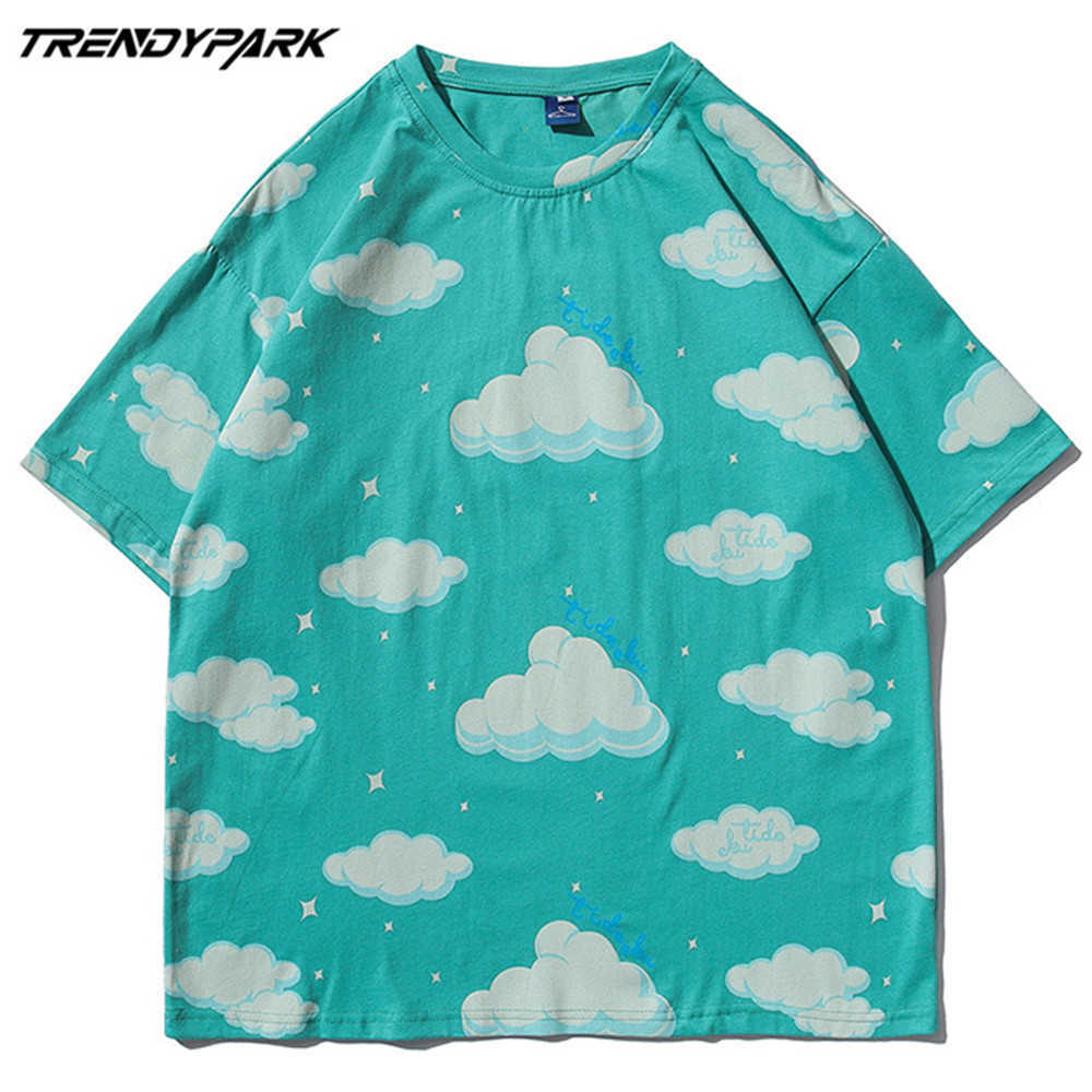 Men's T-shirt Summer Short Sleeve Cute Clouds Printed Tee Hip Hop Oversized Cotton Casual Harajuku Streetwear Tshirts 210601