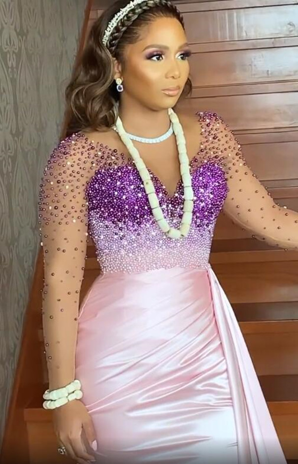 2021 Plus Size Arabic Aso Ebi Pink Luxurious Mermaid Prom Dresses Pearls Long Sleeves Sheer Neck Evening Formal Party Second Reception Gowns Dress ZJ2