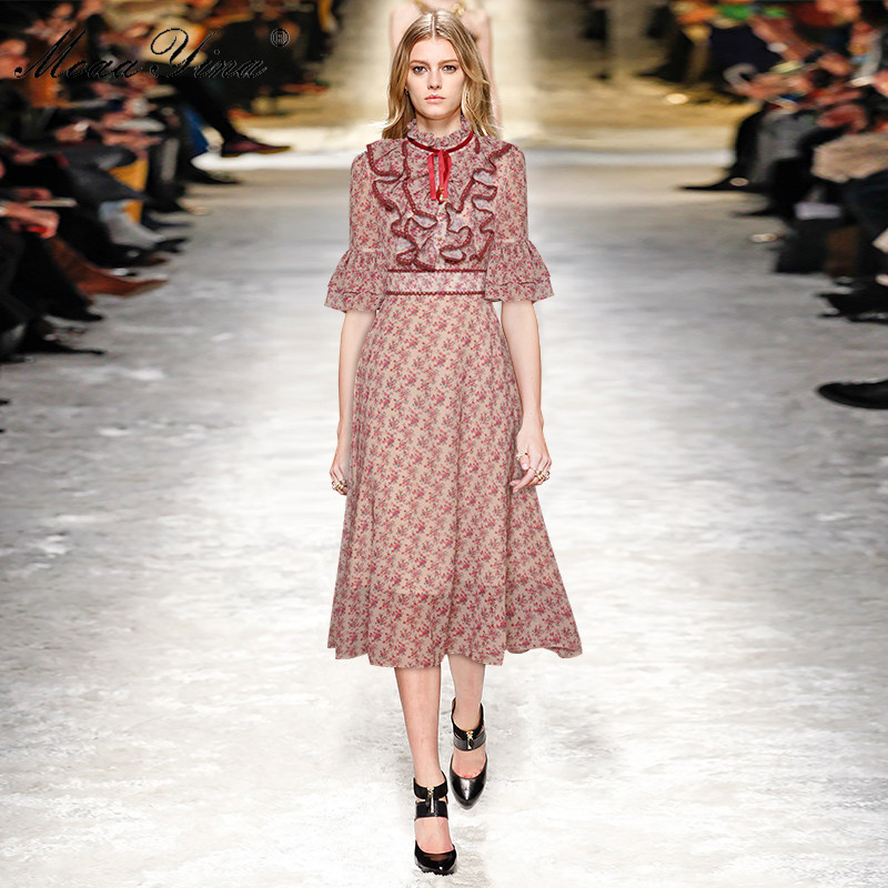 Fashion Runway Female dress Spring Summer Women's Dress Stand collar Ruffles Floral-Print Vacation Dresses 210524