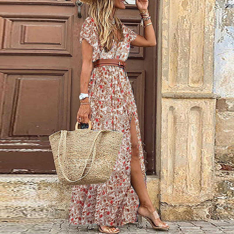 Fashion V-neck Short Sleeve Boho Maxi Dress Women Summer Casual Floral Print Beach Bohemia Ladies Long Dresses For Women 210630