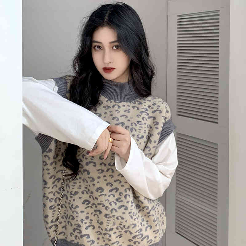2 colors korean style small turtleneck leopard vest sweaters womens loose knitted sweaters and pullovers (C9870) 210423