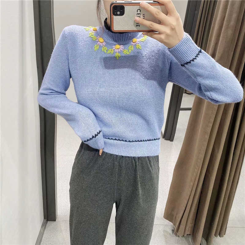 Za Blue Embroidered Knit Sweater Women Turtleneck Long Sleeve Embroidery Floral Knitted Top Woman Chic Slim Winter Pullover 210602