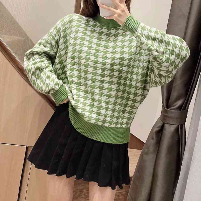 Women Houndstooth Knitting Loose Sweater Casual Femme O-Neck Long Sleeve Pullover High Street Lady Tops SW898 210430