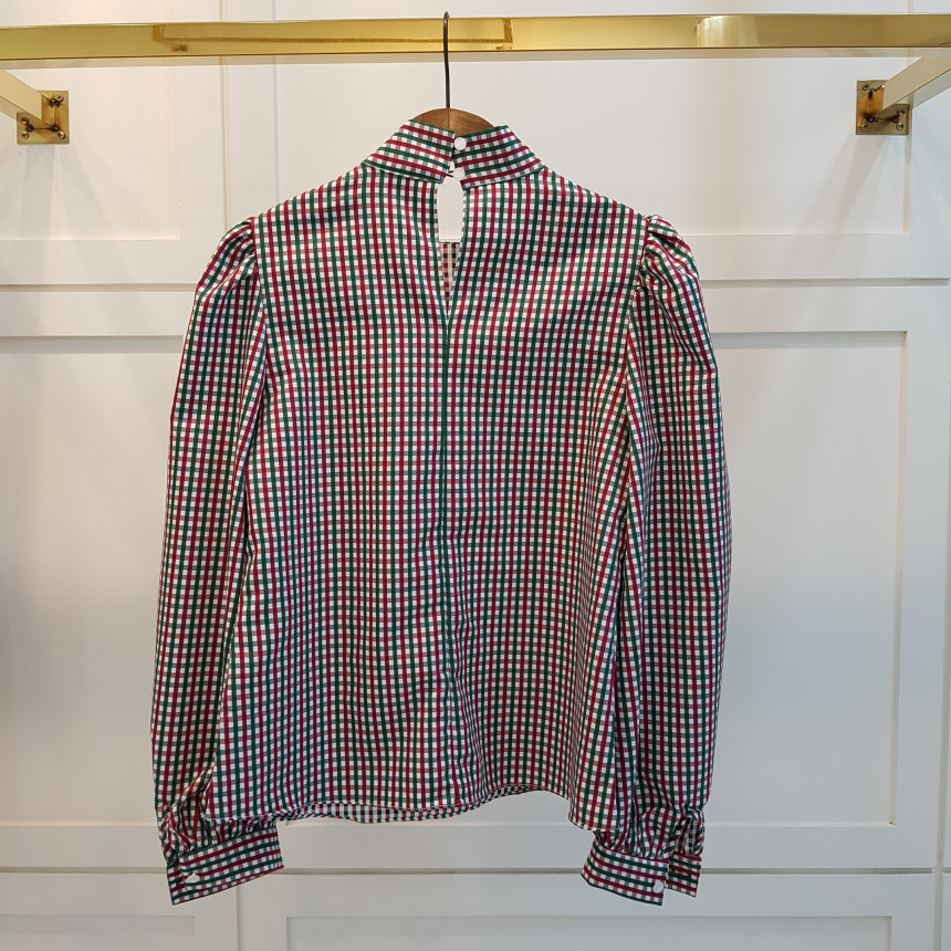 Spring Autumn OL Elegant Minimalist Bow Collar Plaid Shirt Women Blouses Work Wear Chic Loose Puff Sleeve Tops 210421