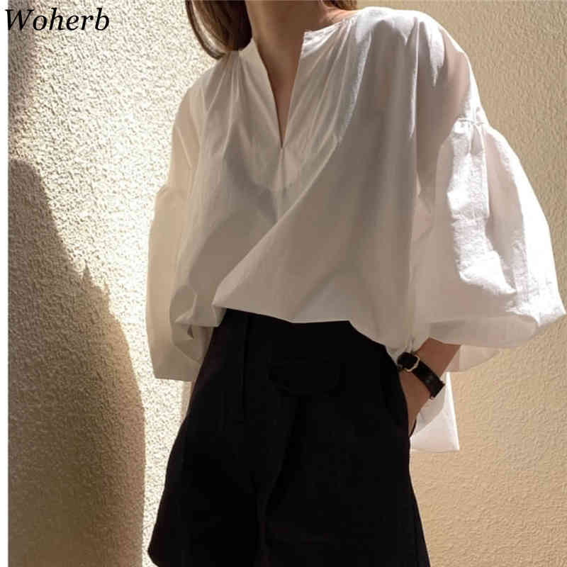 Oversized Lantern Sleeve Blouse Women Korean Chic Fashion Loose Casual V-neck Blusas All Match Shirts 210519
