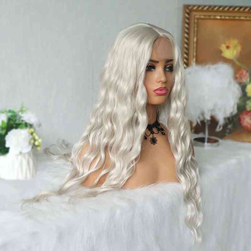 Platinum Blonde Synthetic Lace Wigs 24 Inches Long Body Wave Synthetic Wig White Wavy Lace Wigs for Women 220121