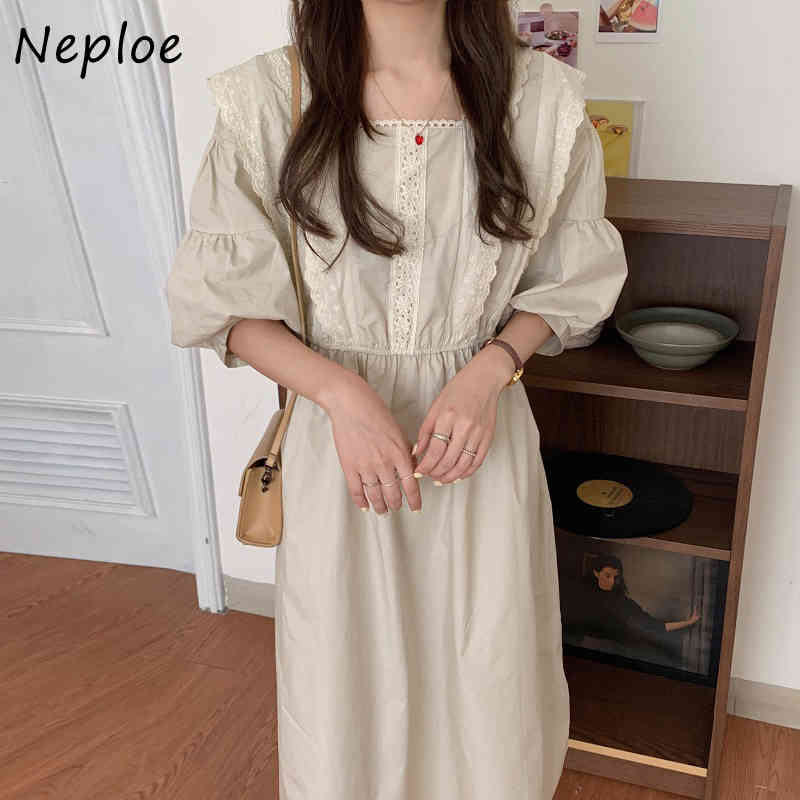 Court Style Lace Hook Flower Dress Women High Waist Hip A Line Long Vestidos Square Collar Sleeve Robe Spring 210422