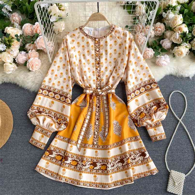 Women Fashion Bohemian Vintage Print A-line Mini Dress Round Neck Long Sleeve Lace Up Waist Slim Elegant Vestidos R909 210527