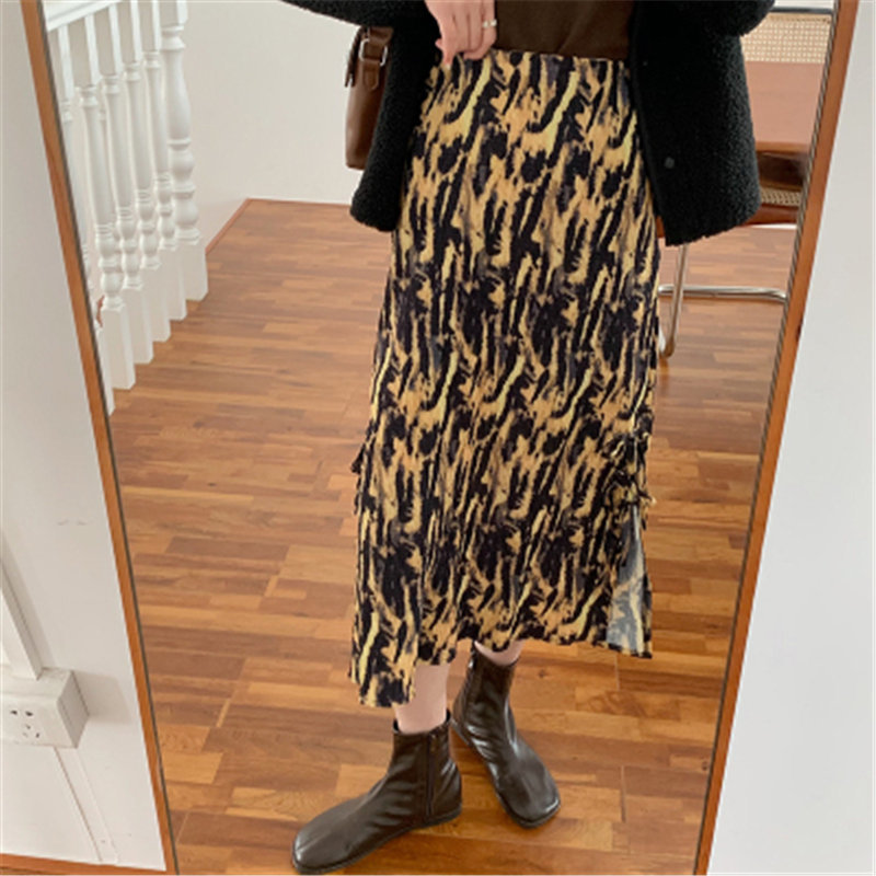 Printed High Waist Bottoming Pleated Chic Knitted Skirt Female OL Elegant Fashion Feminine Long Skirts Women 210421