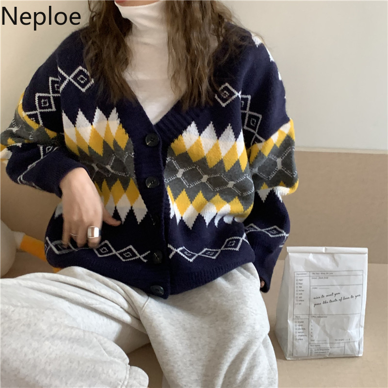 Neploe Knitted Plaid Cardigan Winter Clothes Thicked Knitted Sweater Women Pull Femme Loose Casual Knitwear Sueter Coat 210422