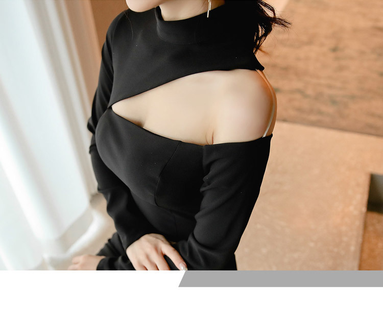 korean style women slim OL dress Spring Sexy Black Long sleeve one shoulder bodycon pencil party dress 210518