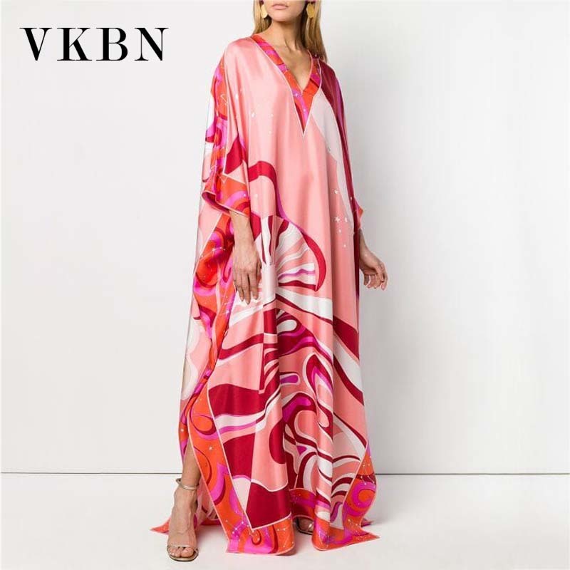 VKBN Summer Dress Women Green Pink Purple Printing Batwing Sleeves V-Neck Plus Size Women Party Dress High Quality 210507