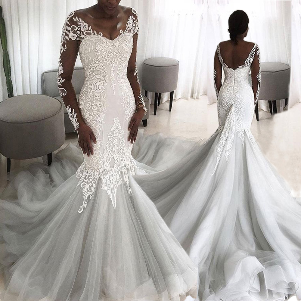 African Lace Mermaid Wedding Dresses Bridal Gowns robe de soiree Illusion Back Ivory Tulle Princess Long Train Bride Dress with Full Sleeves Appliqued